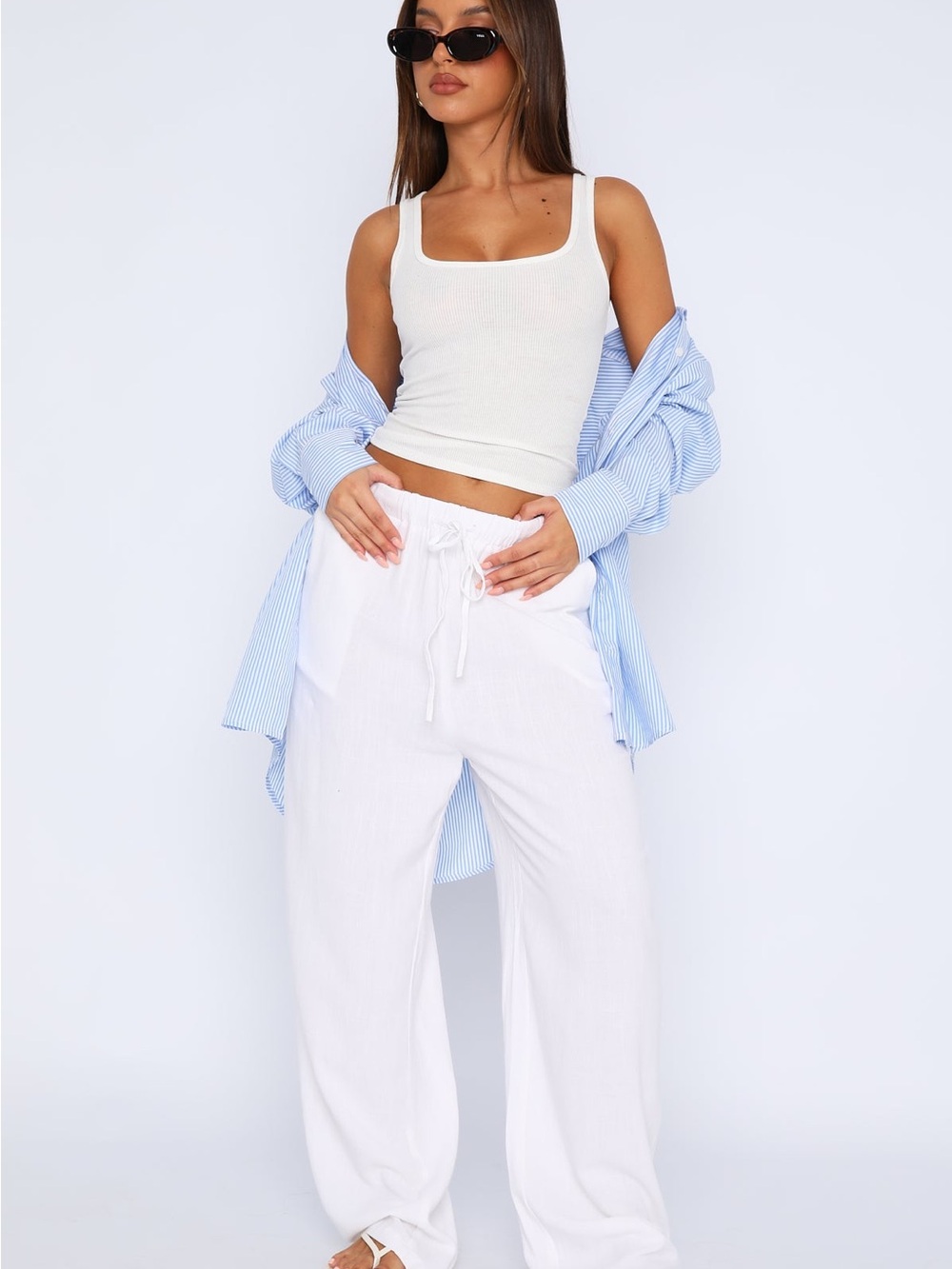 White Fox Linen Drawstring Pants White Size XS